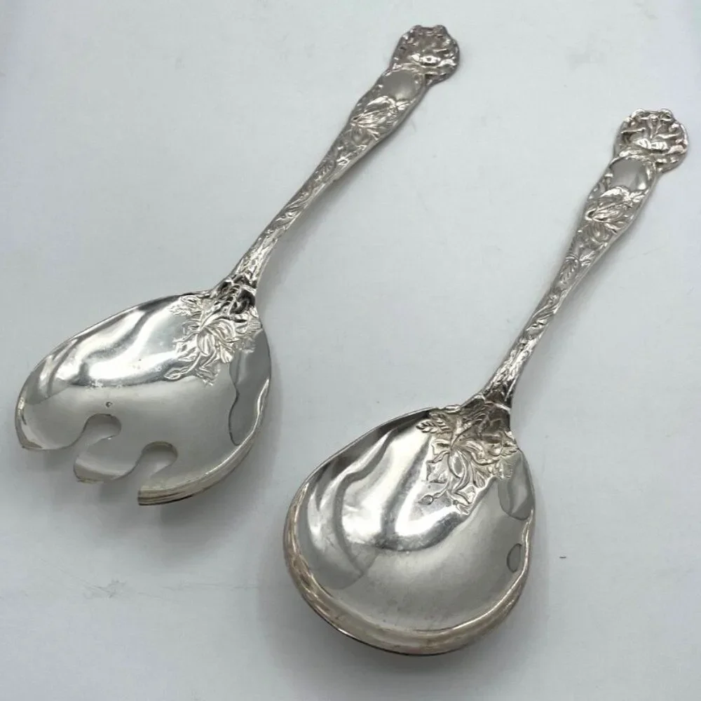 W A Italy Silverplate Bridal Rose Salad Server Set Fork AND Spoon 9.5